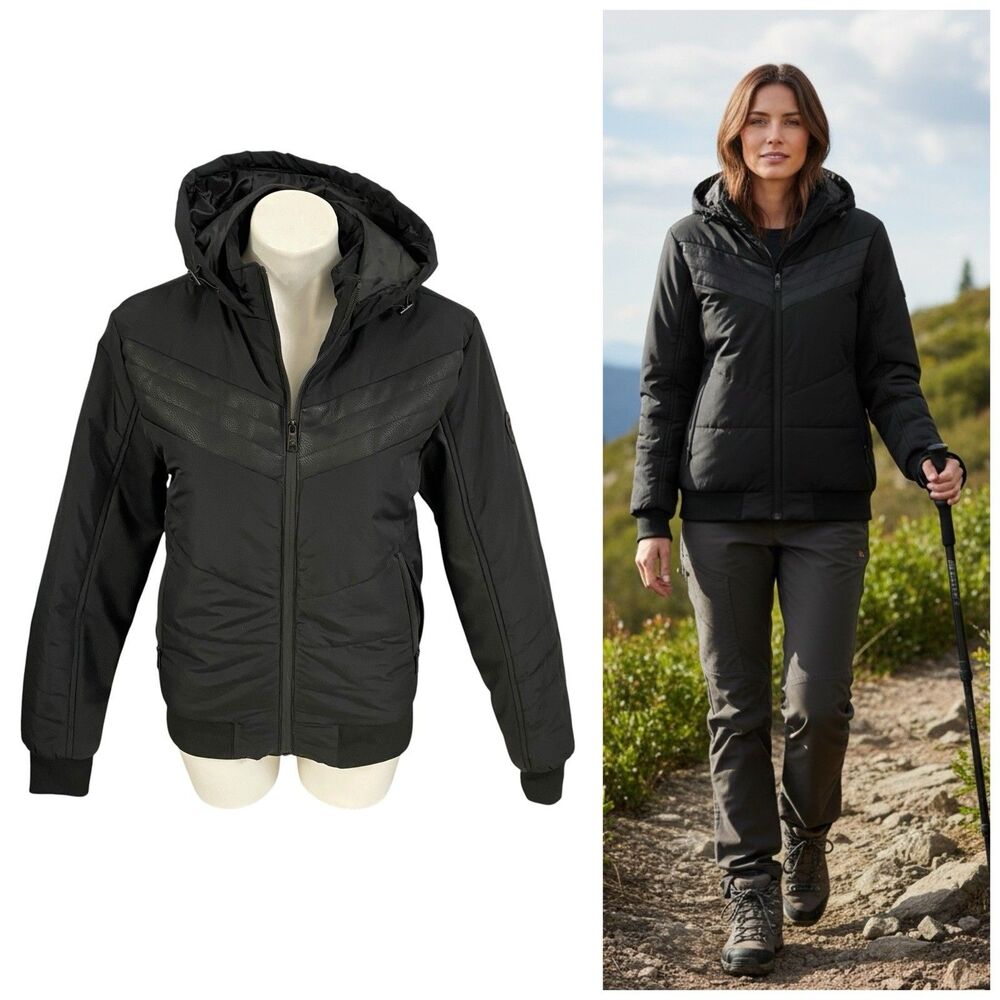 Fried Denim Womens Medium Black StreetTech Puffer Jacket Hooded Chevron Quilted